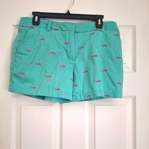 British Khaki Chino Shorts size 8. Pink and Green sharks embroidered